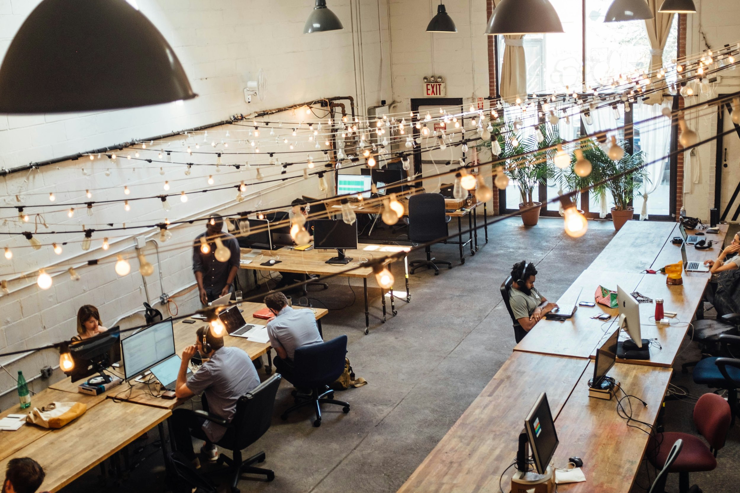 An overhead view of a modern coworking space with multiple people working at long desks with computers. The room has string lights hanging from the ceiling, large windows with curtains, and potted plants near the entrance.