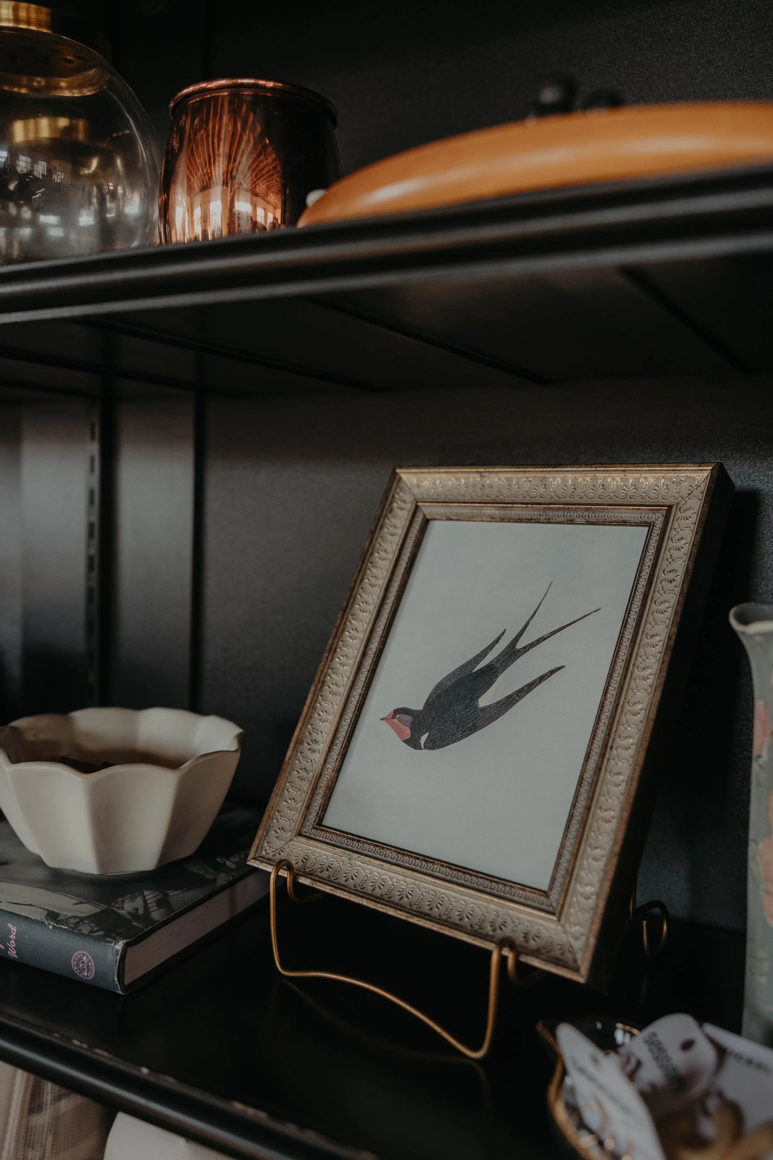 Decorative framed picture of a bird on a black shelf, with a white ceramic bowl and a book nearby.