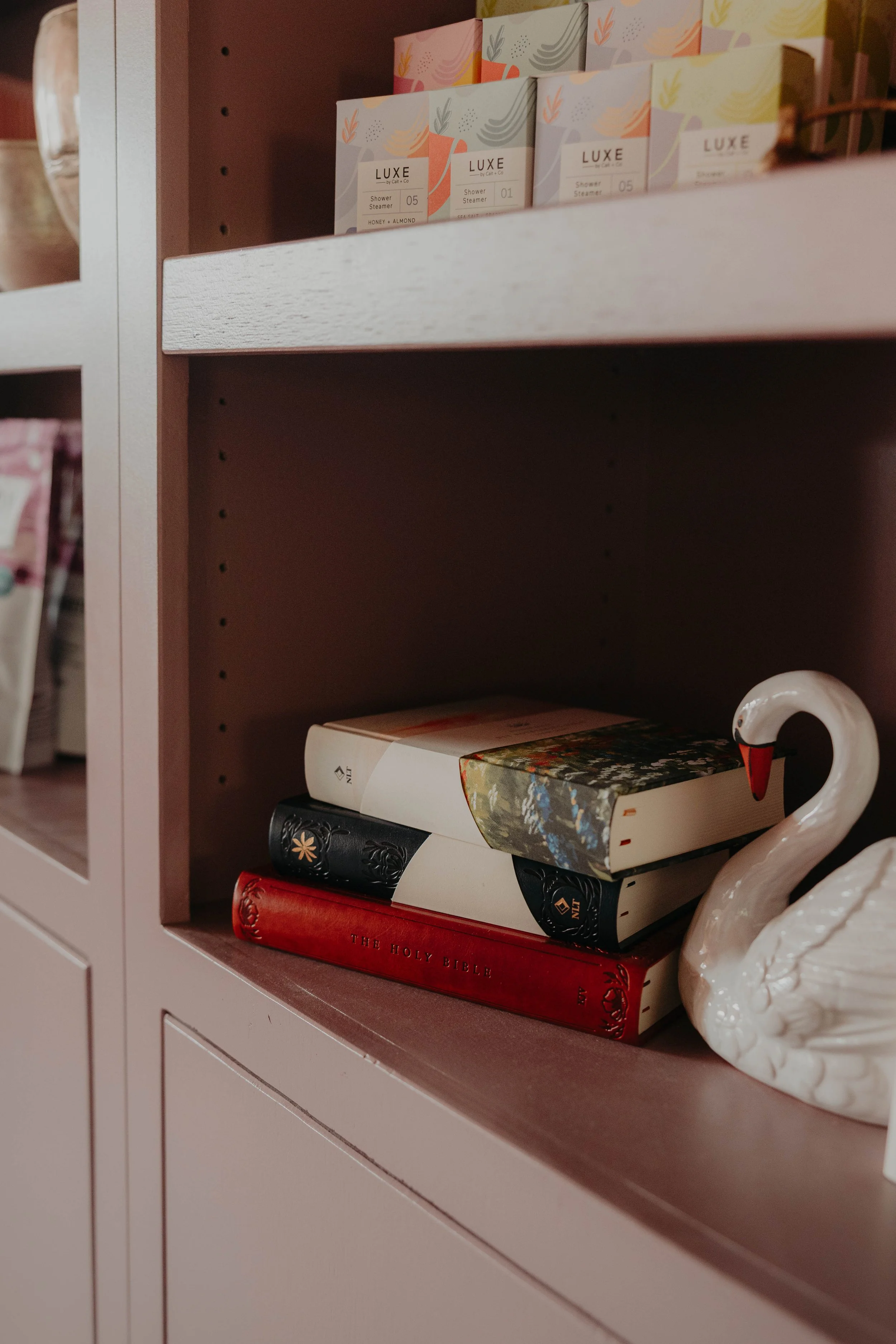 Books including The Holy Bible and a decorative swan figurine on a white display shelf.
