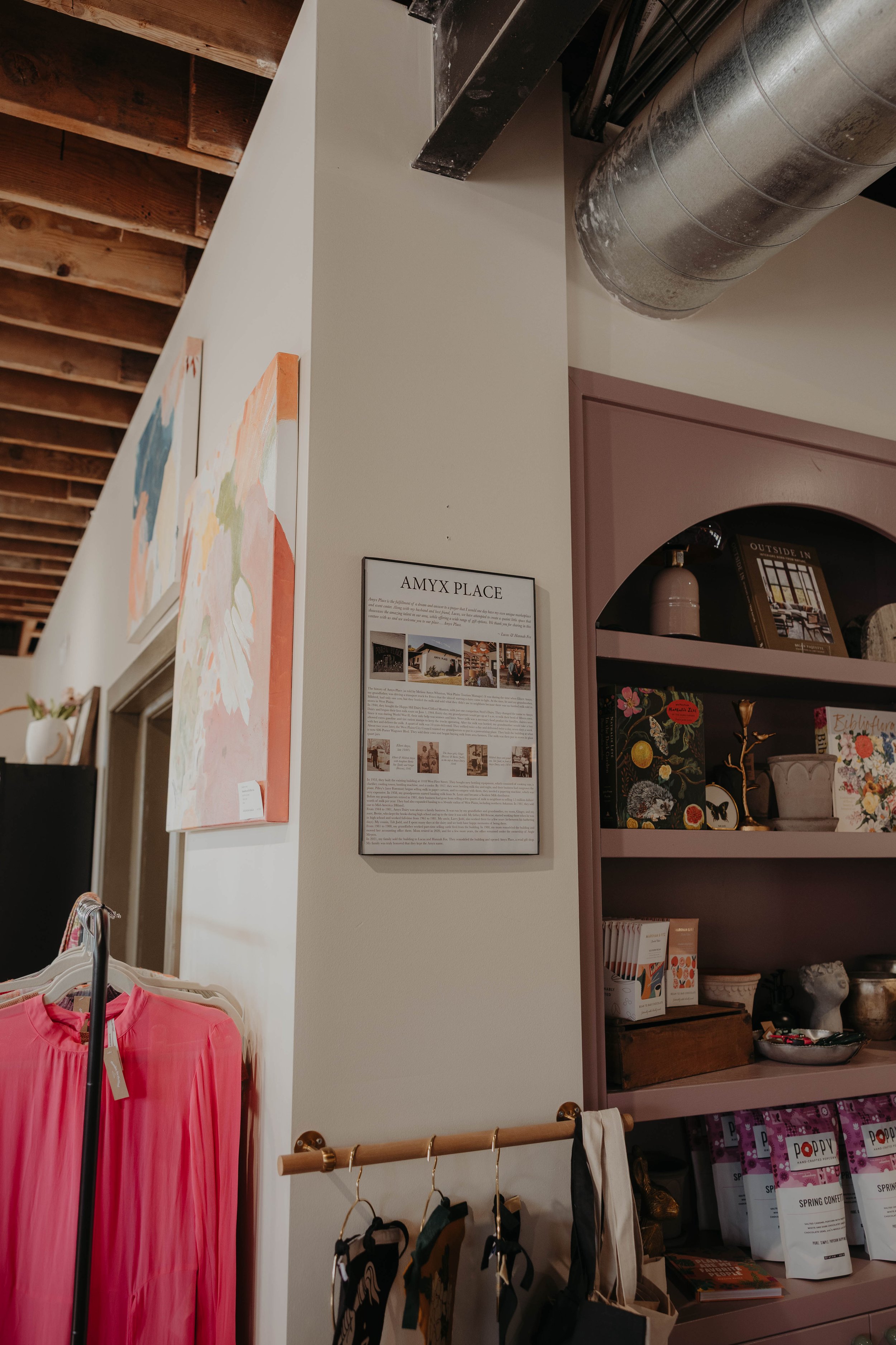 Interior of a retail store with clothing rack, pink dress, wall art, informational poster, and shelves with books and decorative items.
