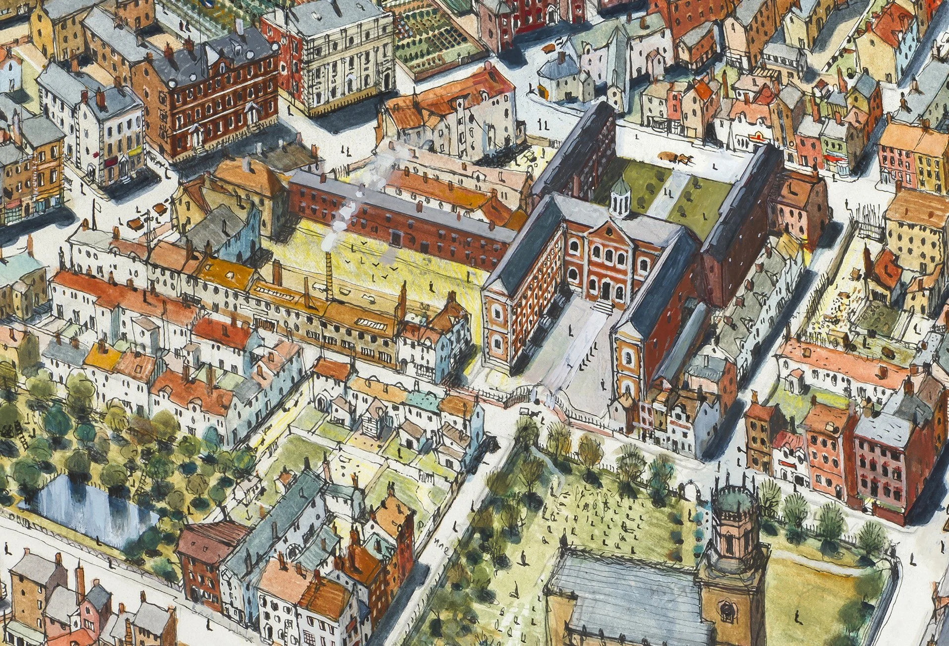 Detail from the 1769 landscape, showing the Bluecoat, the workhouse and the orchard/fishpond