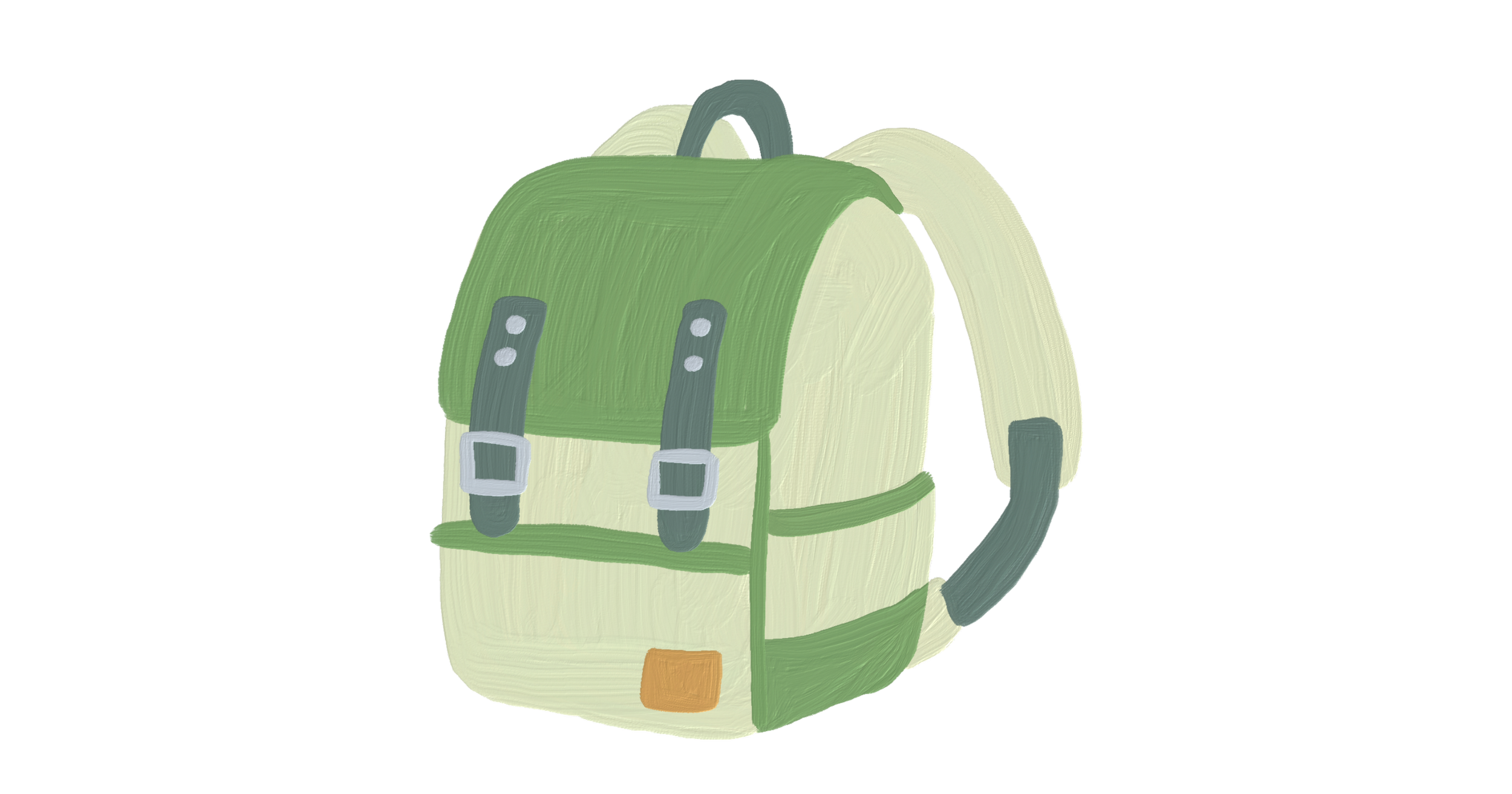 A stylized drawing of a green and beige backpack with gray straps and a small orange tag at the bottom front, set against a dark background.