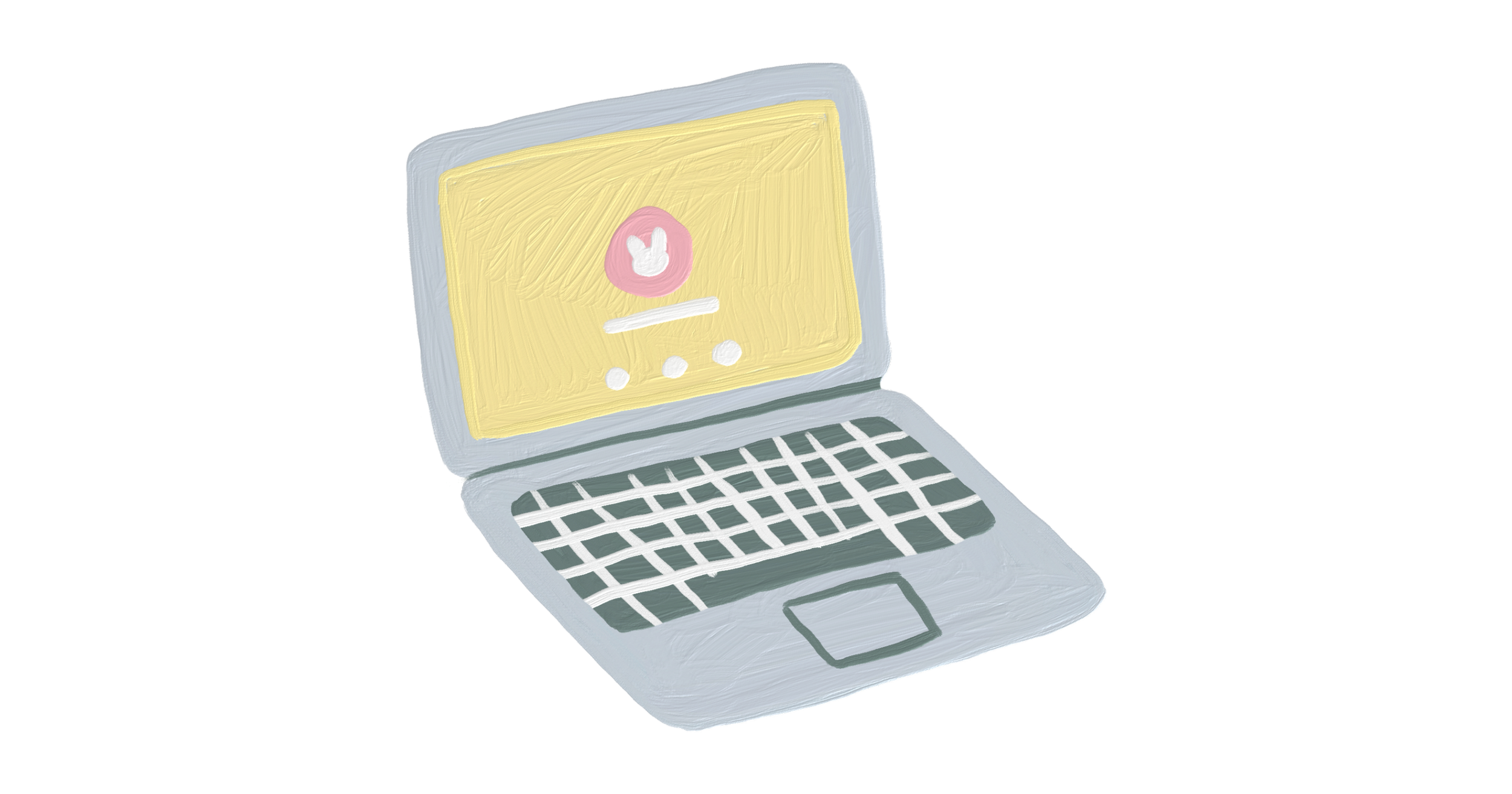 A digital drawing of a laptop computer with a light gray body, a yellow screen displaying a pink circle with a white bunny inside, and a gray and white checkered keyboard. The laptop is set against a purple background.