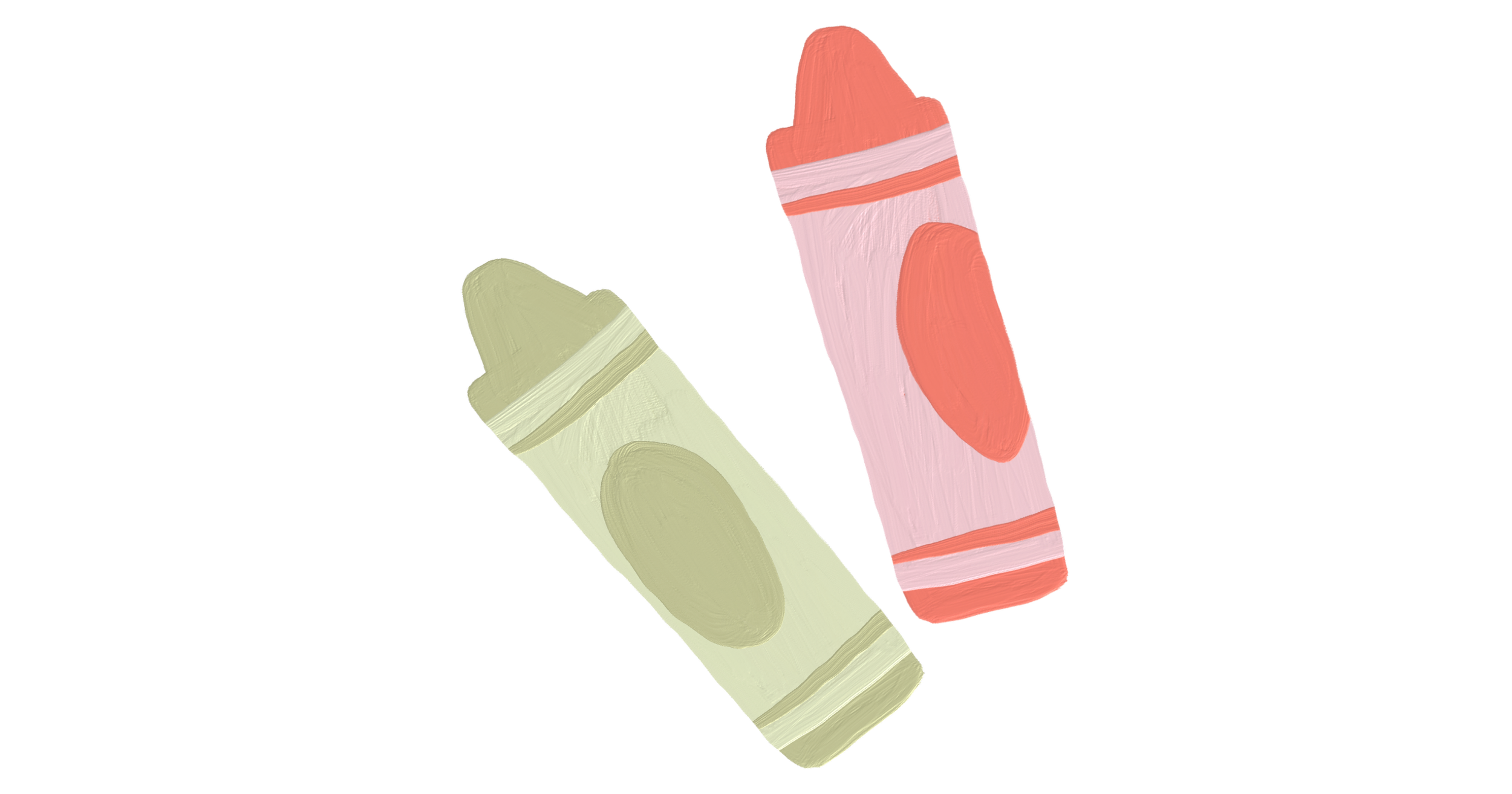 Two illustrated crayons, one in light green and the other in pink with orange accents, positioned diagonally