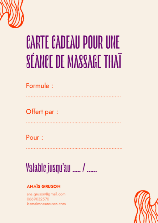 Une carte cadeau pour une séance de massage thaï, avec des espaces pour la formule, l'offreur, le destinataire, la date d'expiration, et des décorations de motifs de trames en orange.