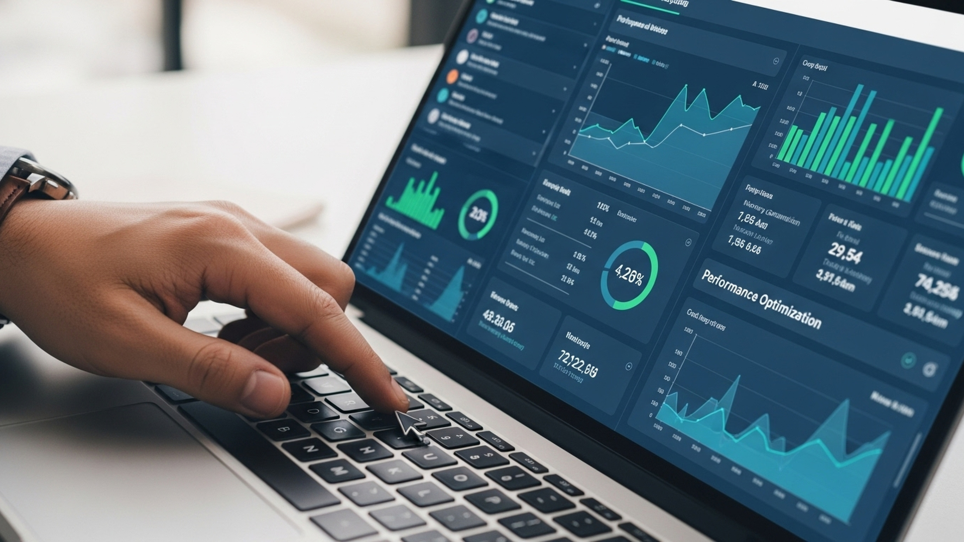 Close-up of a person's hand on a laptop keyboard, with a screen displaying various financial graphs and charts.