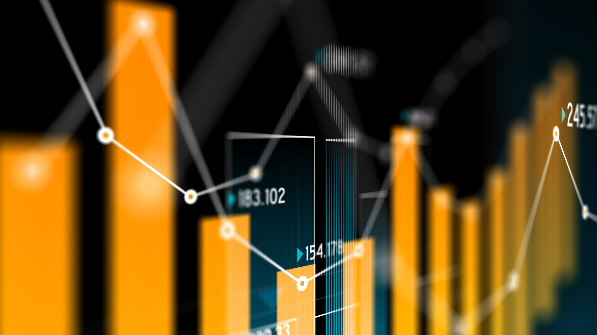 Blurred financial chart with orange bars, white lines, and data points on a black background.