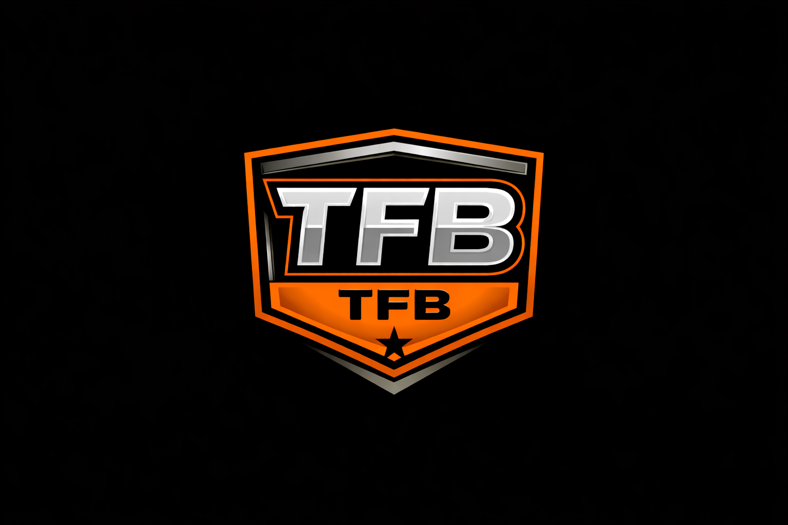 A digital logo with a shield shape featuring the letters 'TFB' in large font and 'TFB' in smaller font below, set against a black background with orange, white, and black accents.