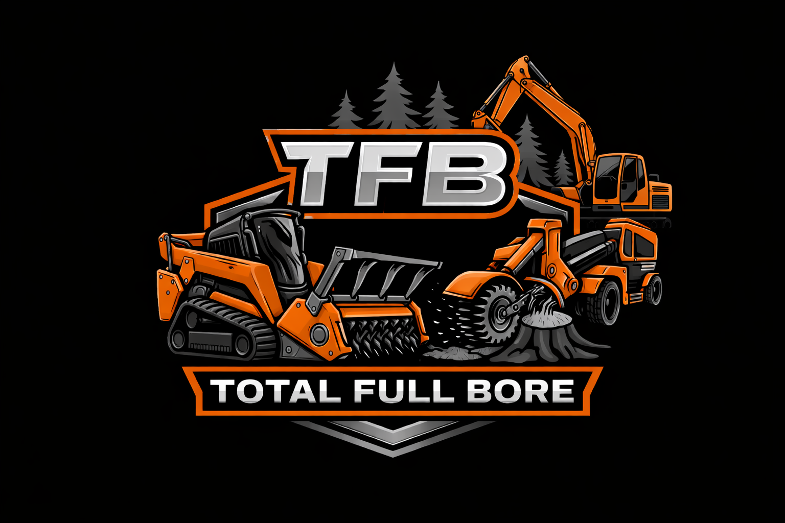 Graphic logo for TFB Total Full Bore featuring construction vehicles including an excavator, bulldozer, skid steer loader, and log skidding equipment, with a forest background.