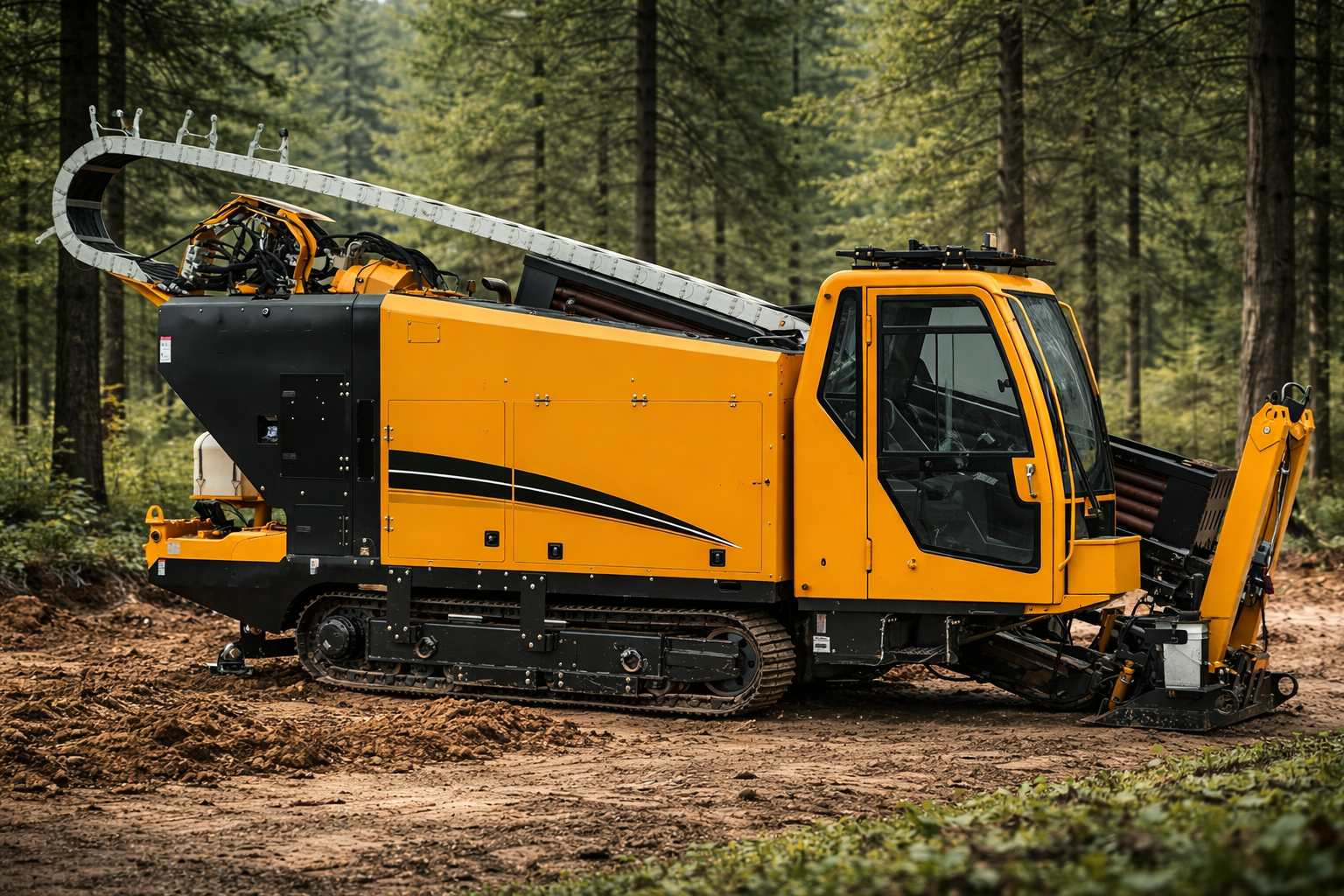 A yellow and black tracked forestry machine operating in a forest with tall trees and green foliage.