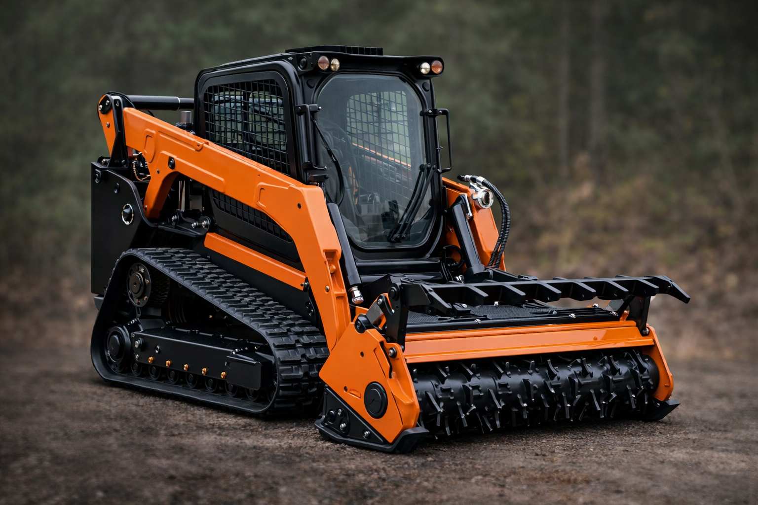 A compact, orange and black track loader with a enclosed cab and a large roller brush attachment on the front, situated outdoors on dirt ground with blurred trees in the background.