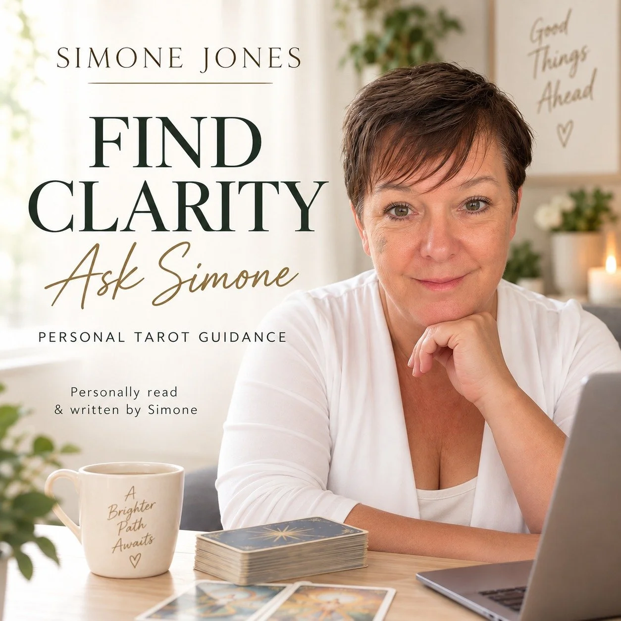 Simone writing a personal email tarot reading at her desk.