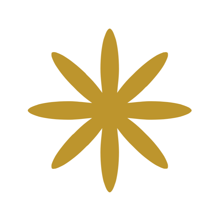 A stylized star or flower shape with ten leaf-like petals in gold color on a black background.