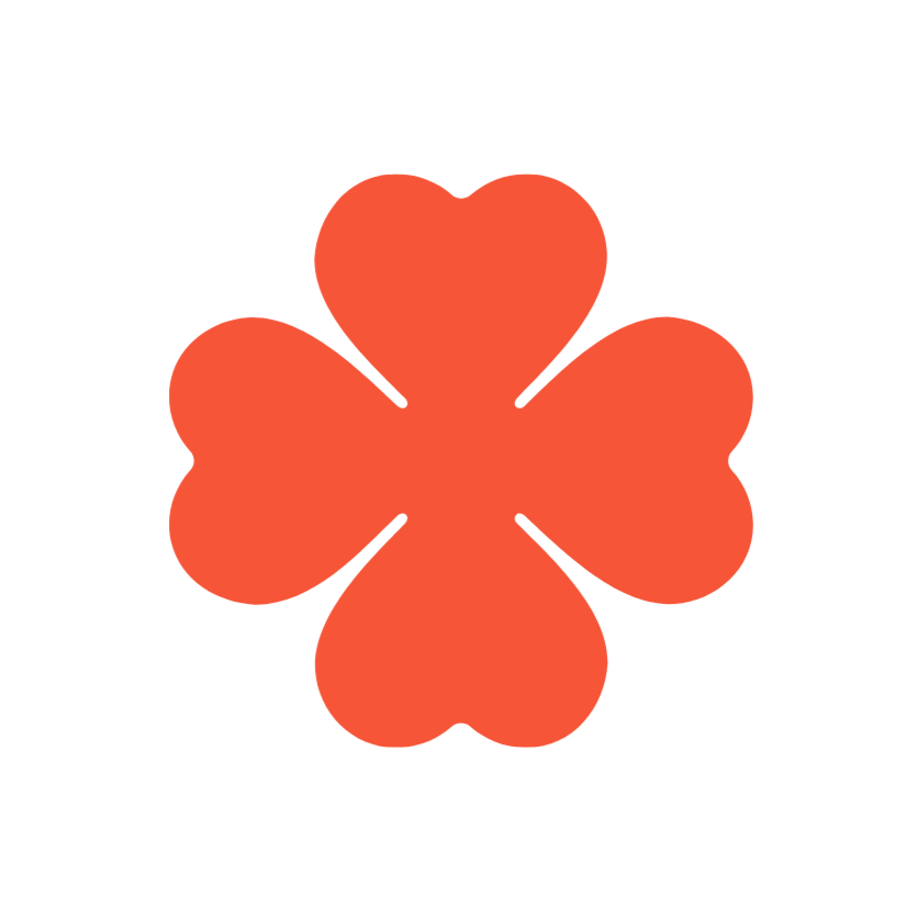 A four-leaf clover with a red heart shape in the center of each leaf on a black background.