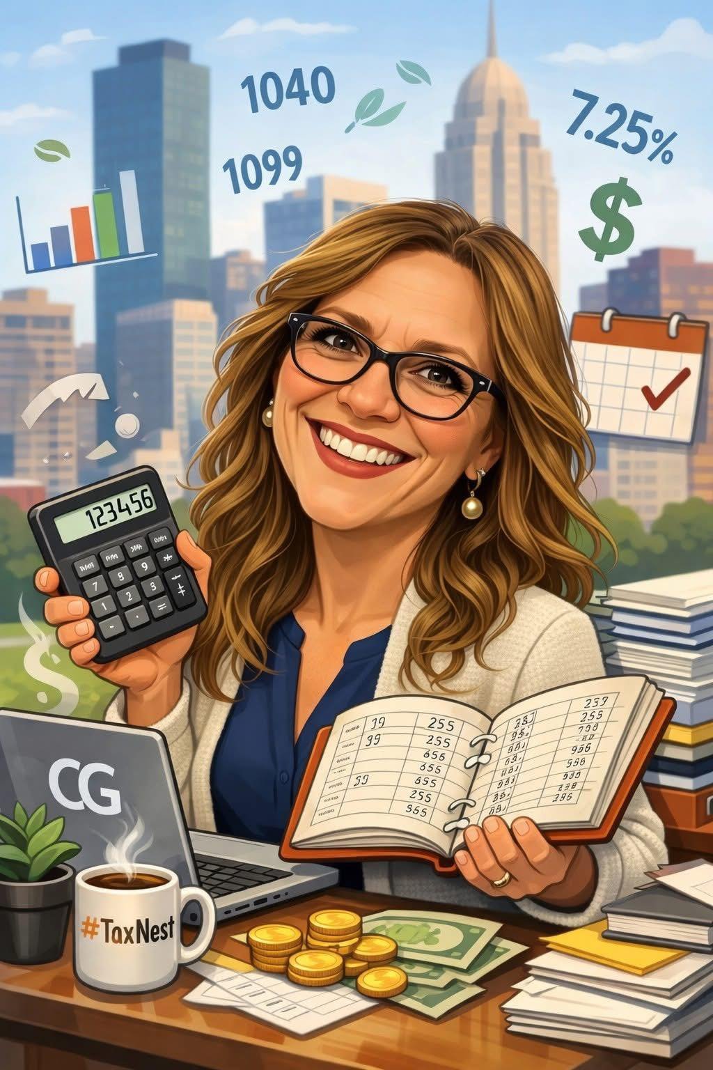 Illustration of a smiling woman with glasses and earrings in an office, holding a calculator and a financial ledger, surrounded by office supplies, stacks of papers, coins, a coffee mug, and a laptop, with city buildings in the background and financial icons and graphs