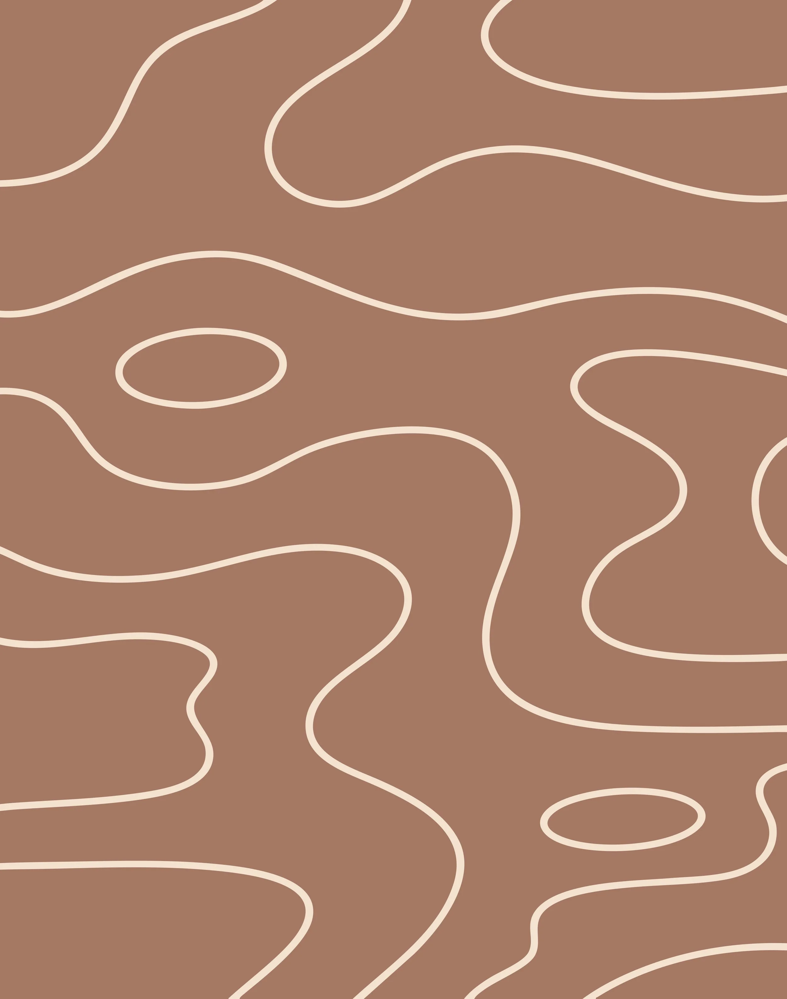 Abstract art image with a brown background and cream-colored squiggly lines.