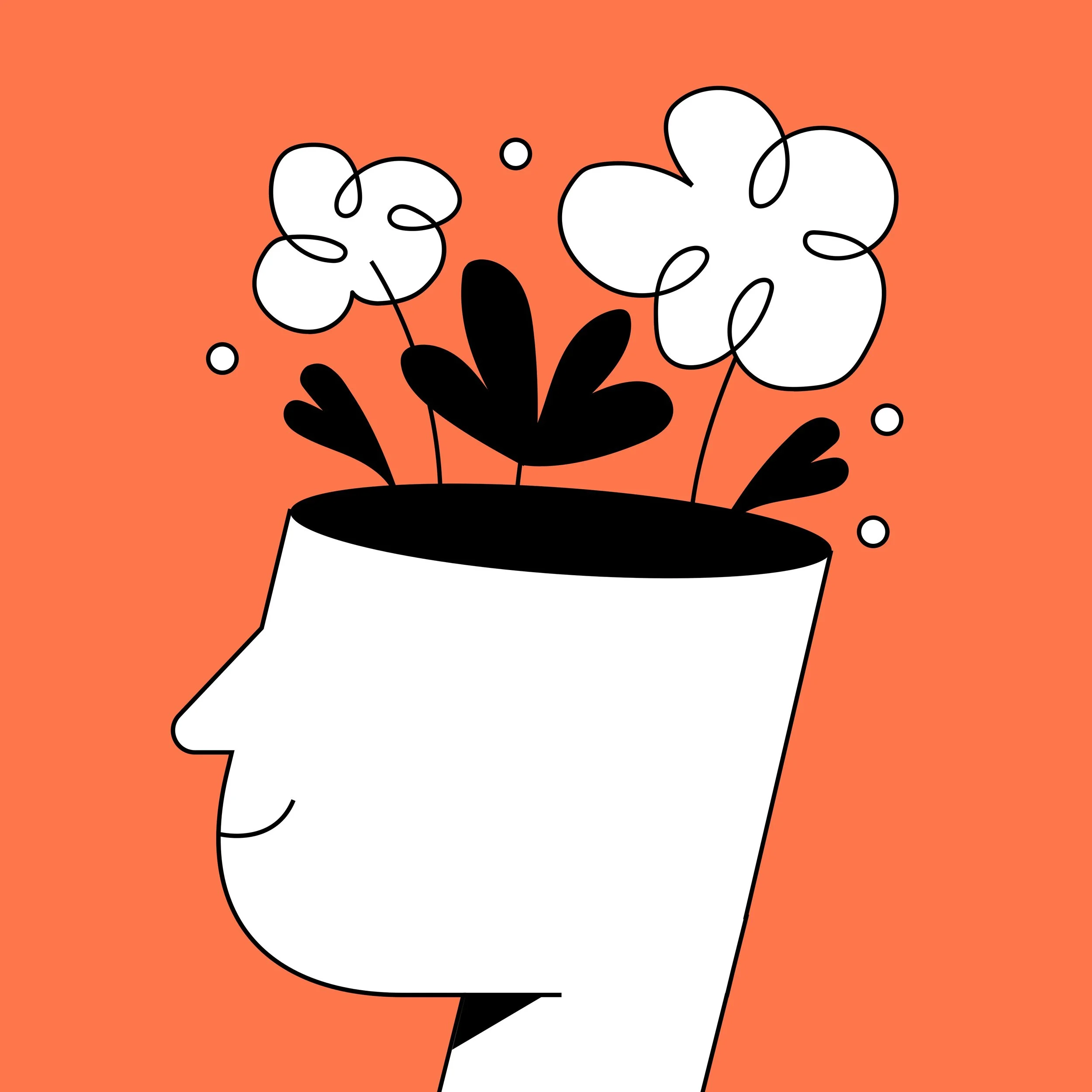 Stylized illustration of a person's profile with an open top of the head as a flowerpot, filled with black and white flowers and leaves, set against a solid orange background.