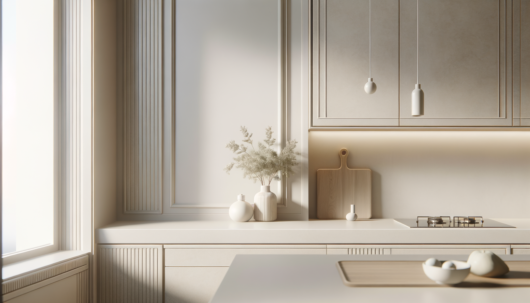 Minimalist kitchen with beige cabinets, white countertops, decorative vases, and a cutting board on the counter.
