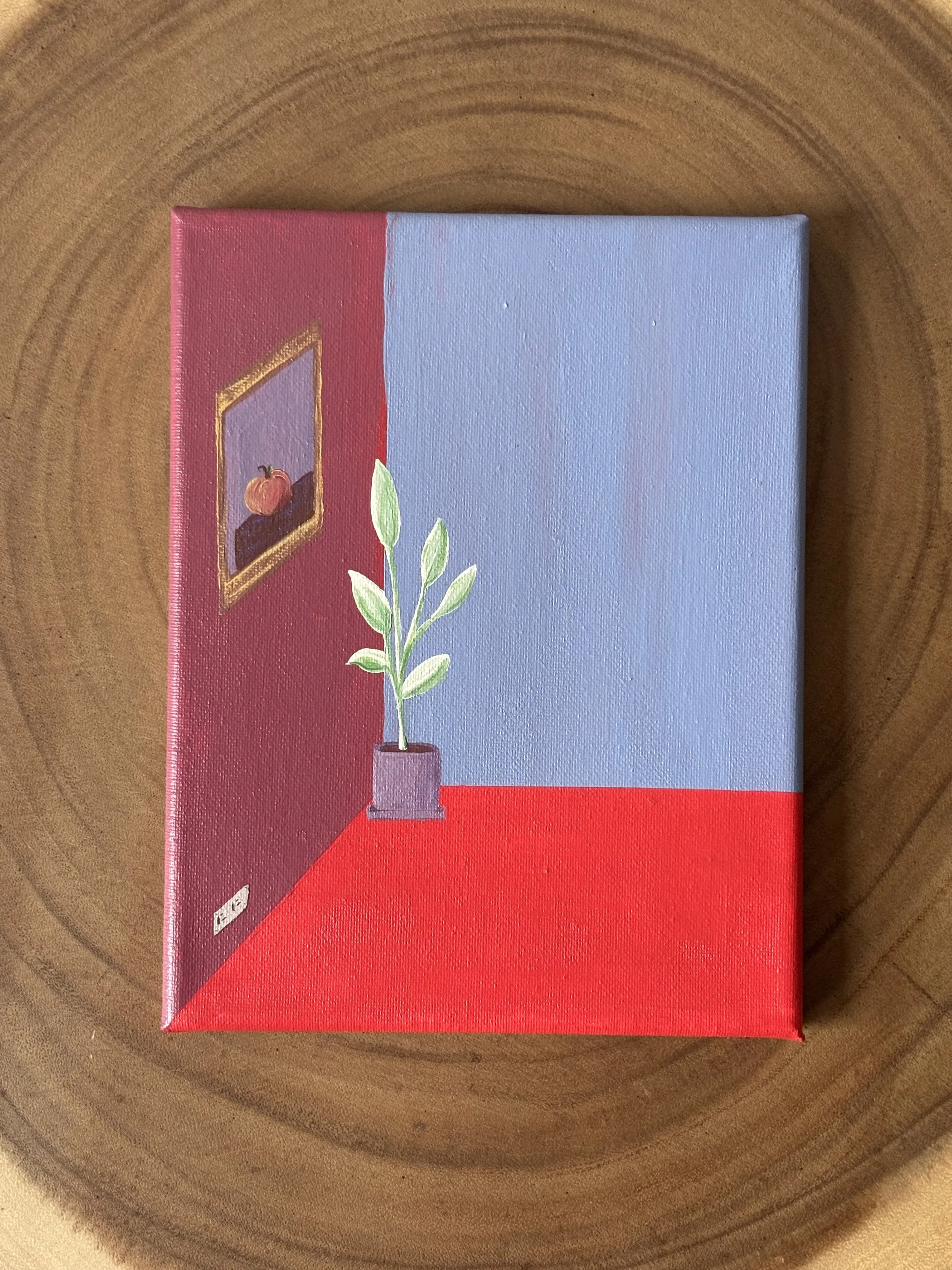 A small acrylic painting on a canvas depicting an interior scene with a red and purple wall, a potted plant with green leaves, and a framed still life painting of a fruit on the wall. 