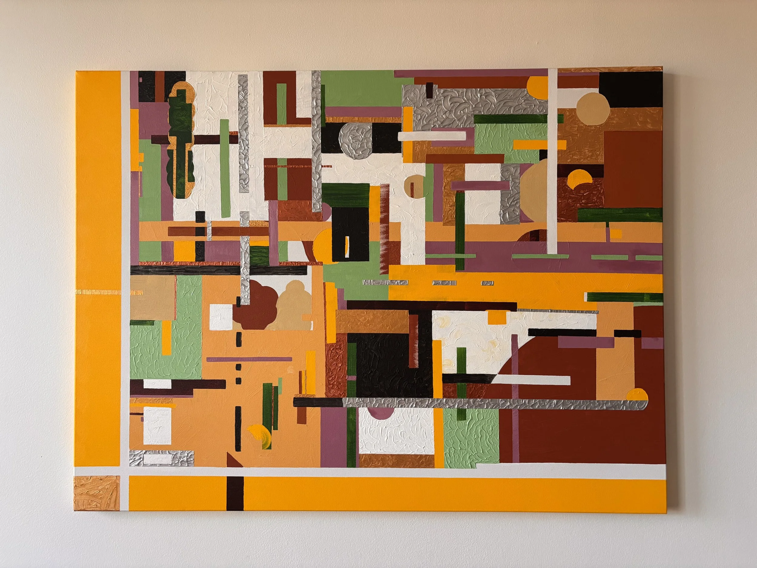 Abstract geometric painting with rectangles and lines in orange, black, white, green, purple, and brown, mounted on a white wall.