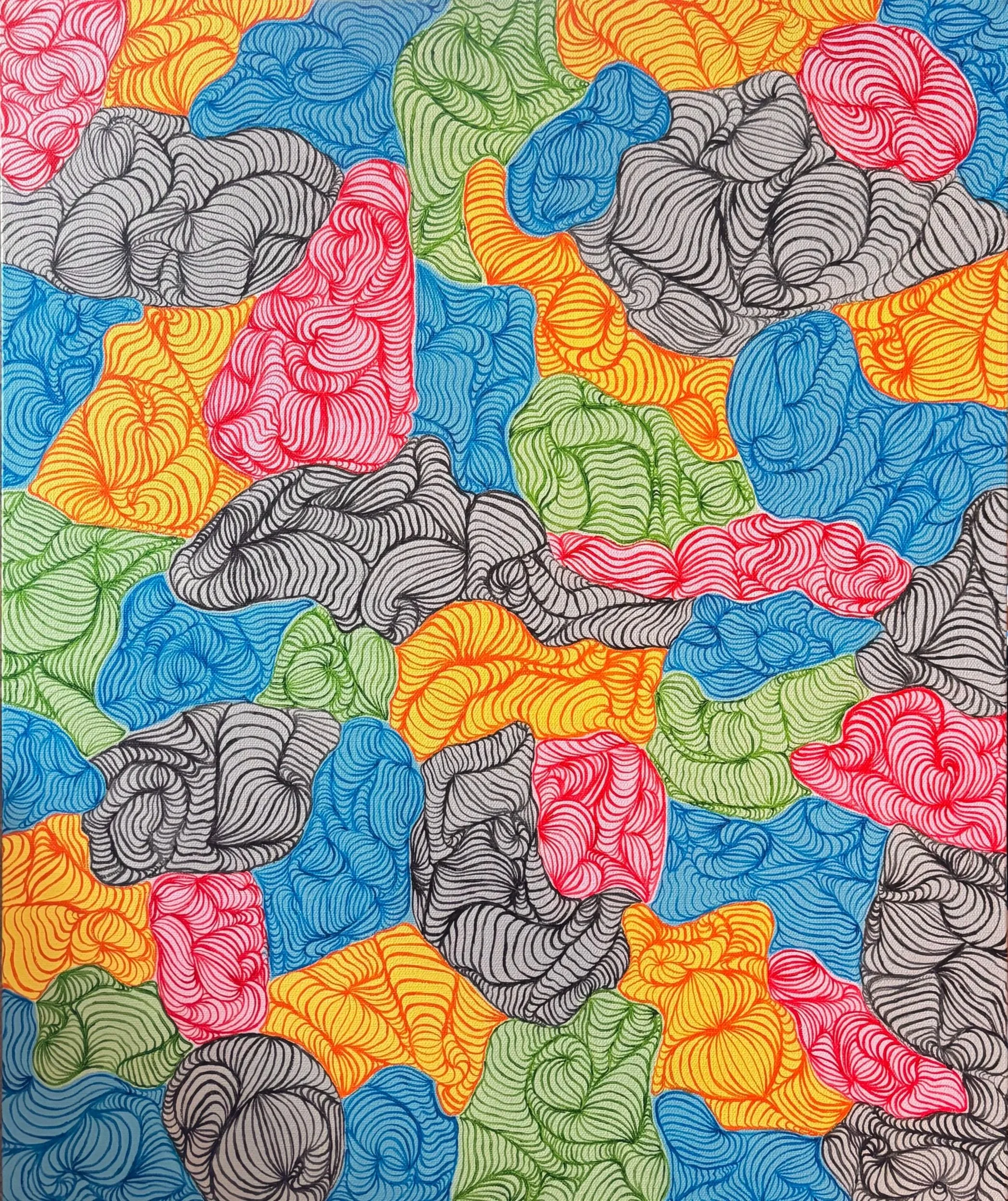 Colorful abstract pattern with black, gray, red, blue, green, and yellow sections, consisting of swirling line designs creating an intricate, textured appearance.