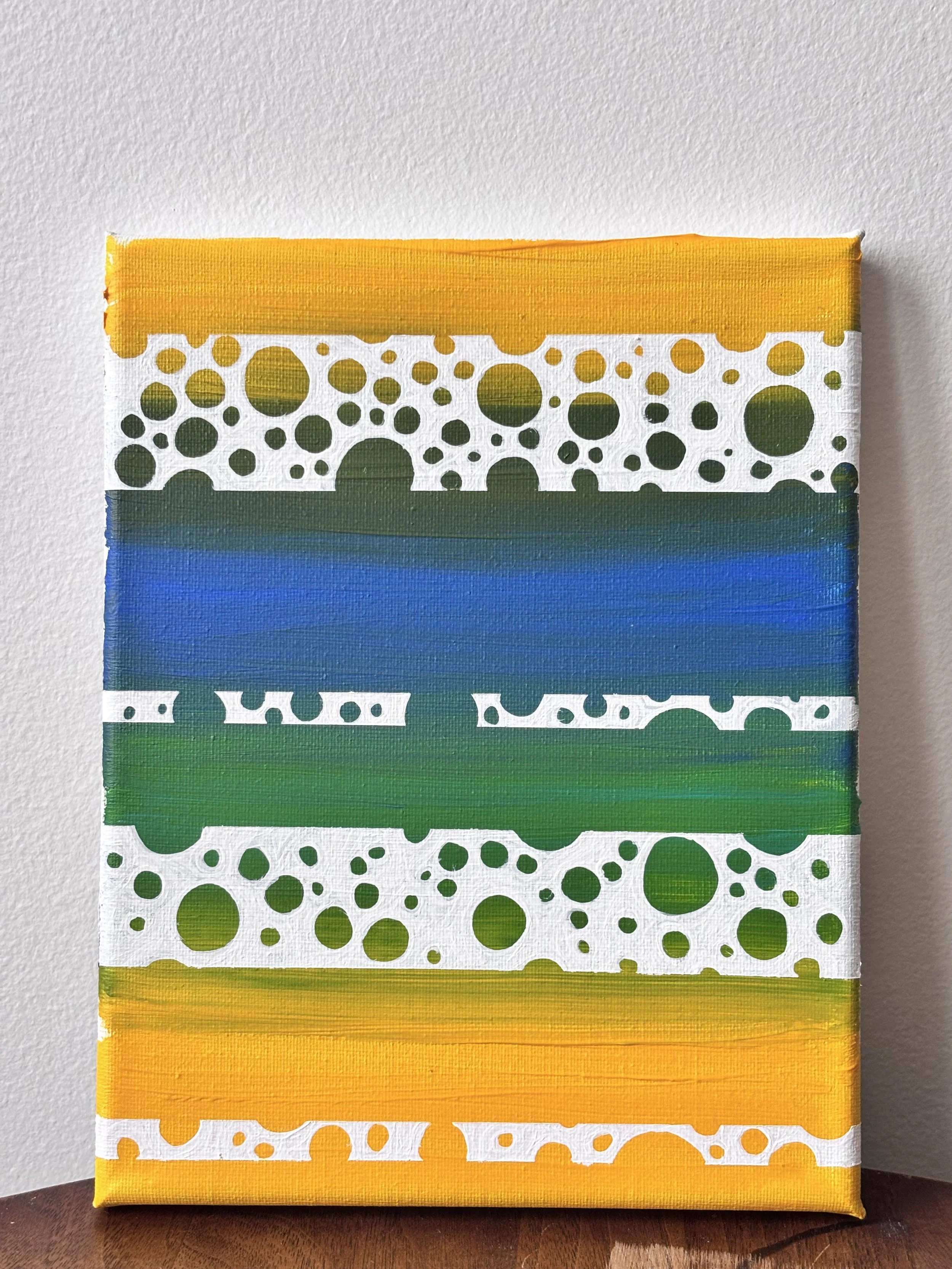Abstract painting with horizontal stripes of yellow, white with green circles and bubbles, blue, green, and orange, on a white background.
