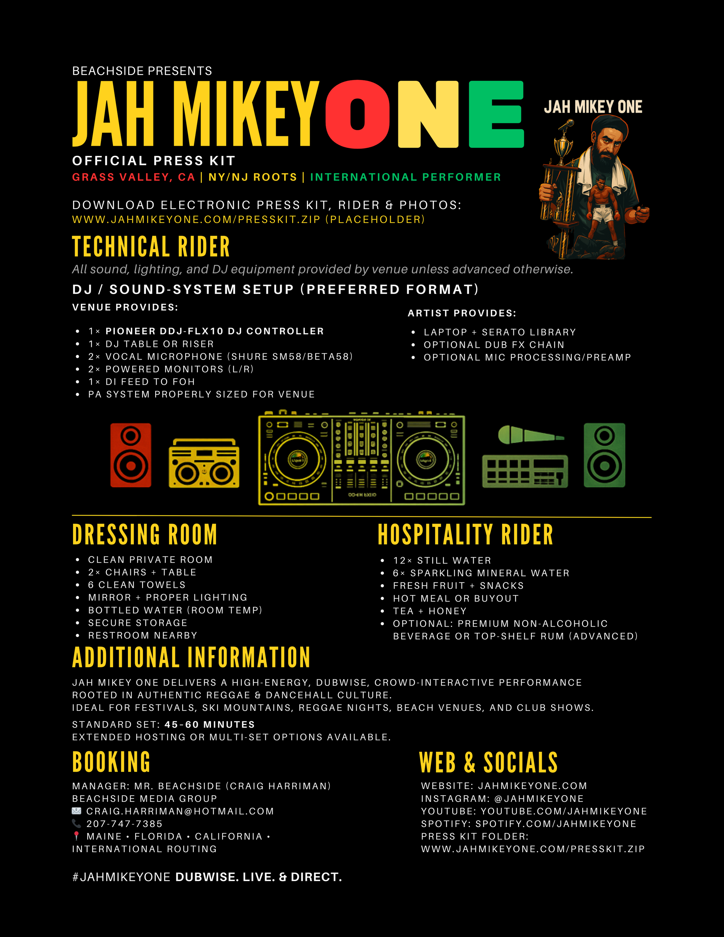 Event poster for Jah Mikey One, a reggae concert, with details about the venue, equipment, dressing room, hospitality rider, booking contacts, and social media links.