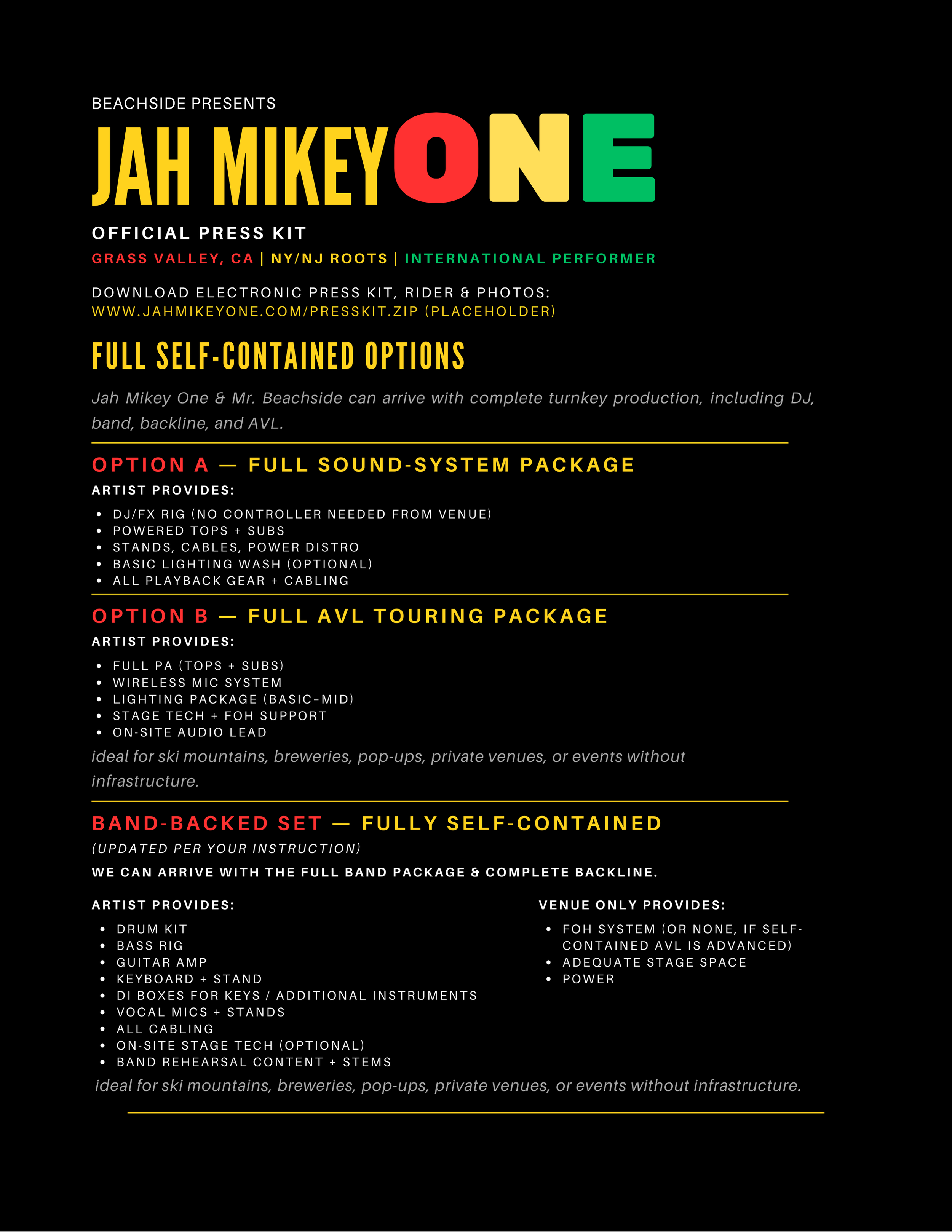 Press kit instructions for Jah Mikey One, featuring options for sound system packages, touring packages, and band-backed sets, including equipment details and venue requirements.