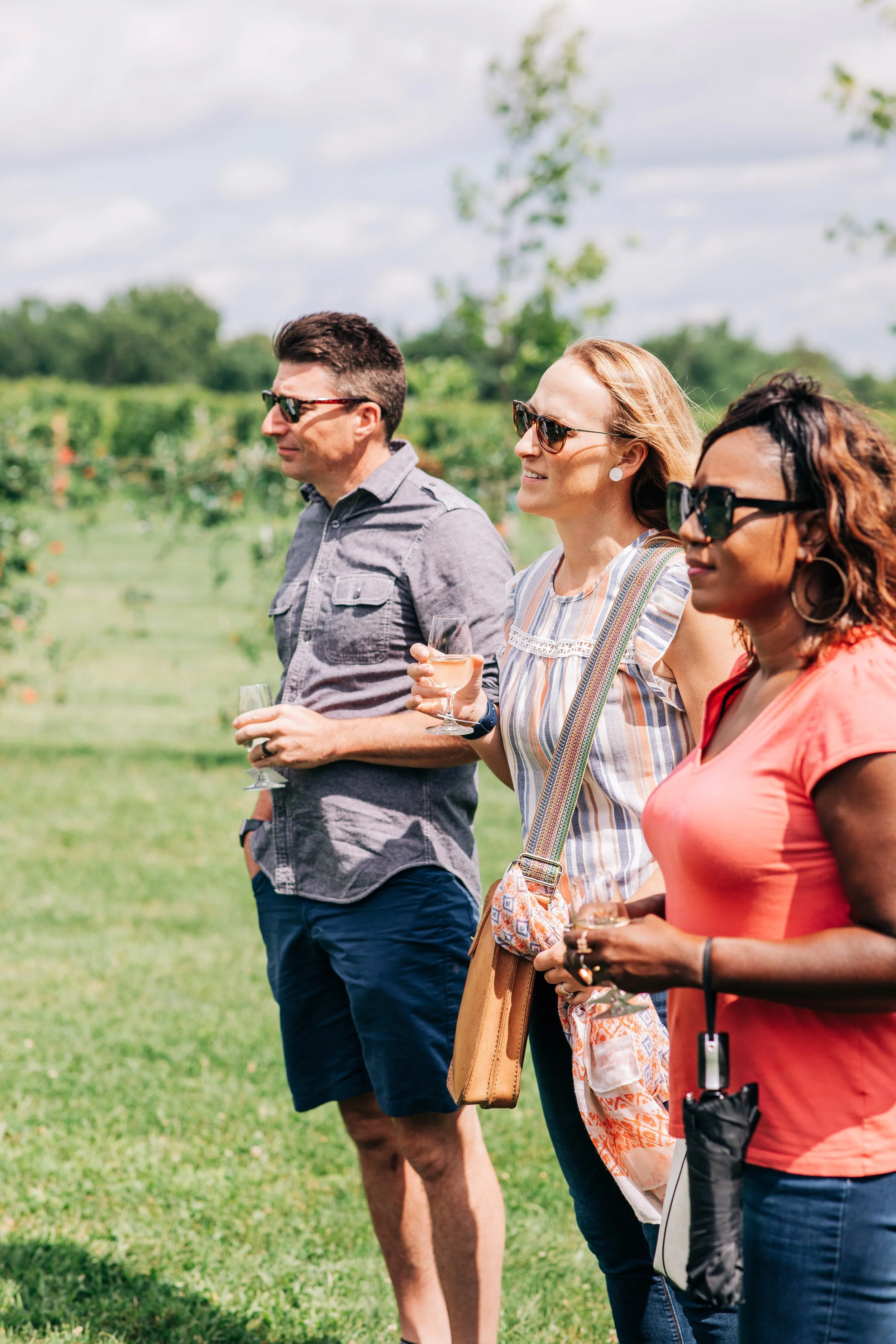Guests standing in vineyard with glasses of wine