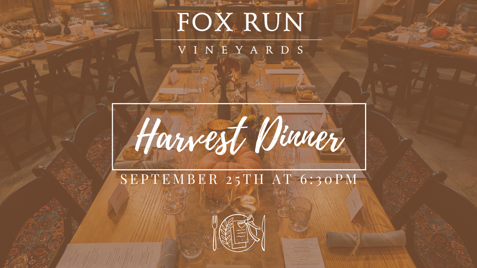 Plates and decorations on table for dinner with text saying harvest dinner and the date of the event