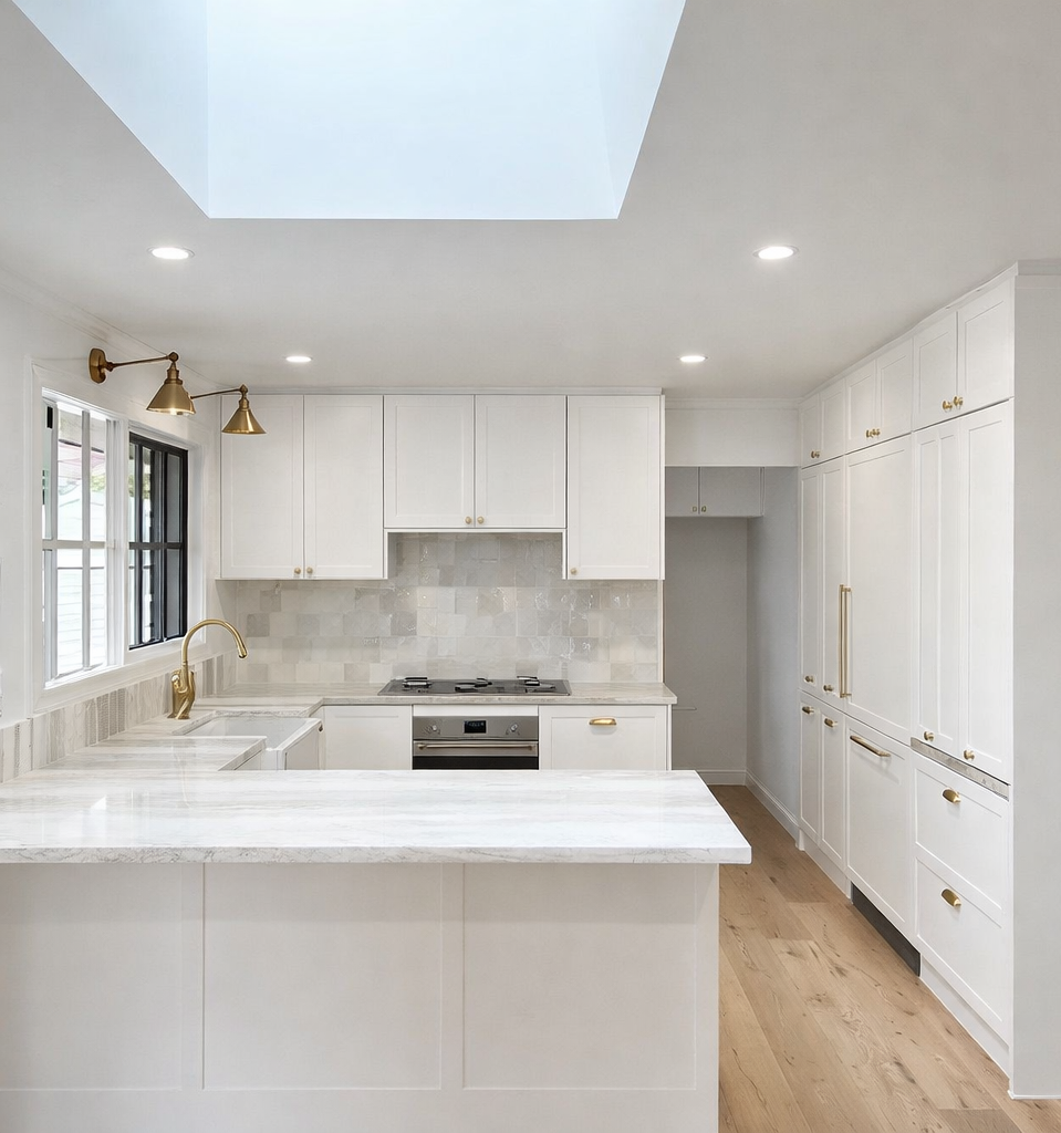 A modern kitchen with white cabinets, marble countertops, a window above the sink, and gold fixtures.