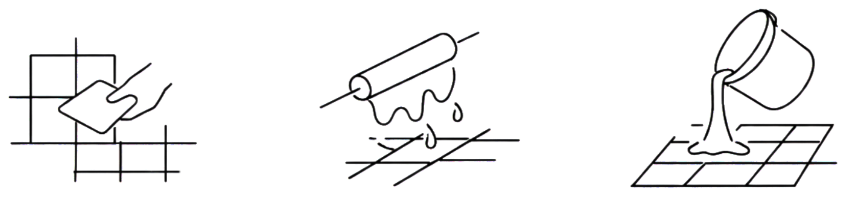Line art images depicting a brush cleaning a grid, a paint roller applying paint on a surface, and a paint bucket pouring paint onto a grid.