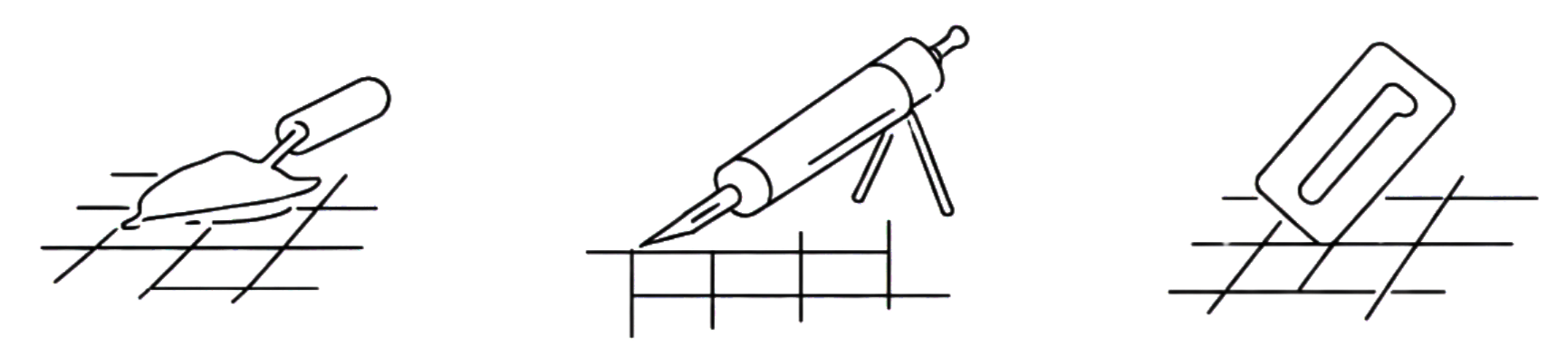 Line drawings of three different tools used for applying adhesive or sealant: a trowel, a caulking gun, and a putty knife, all positioned over adhesive grid patterns.