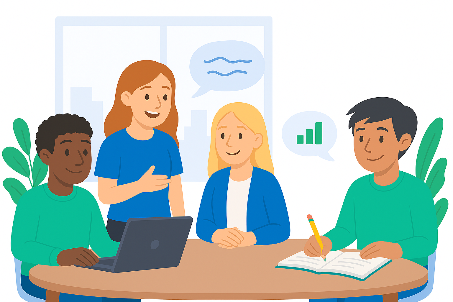 Four people in a meeting room, two sitting at a table with a laptop and notebook, and two standing and talking, with speech bubbles showing charts and data.