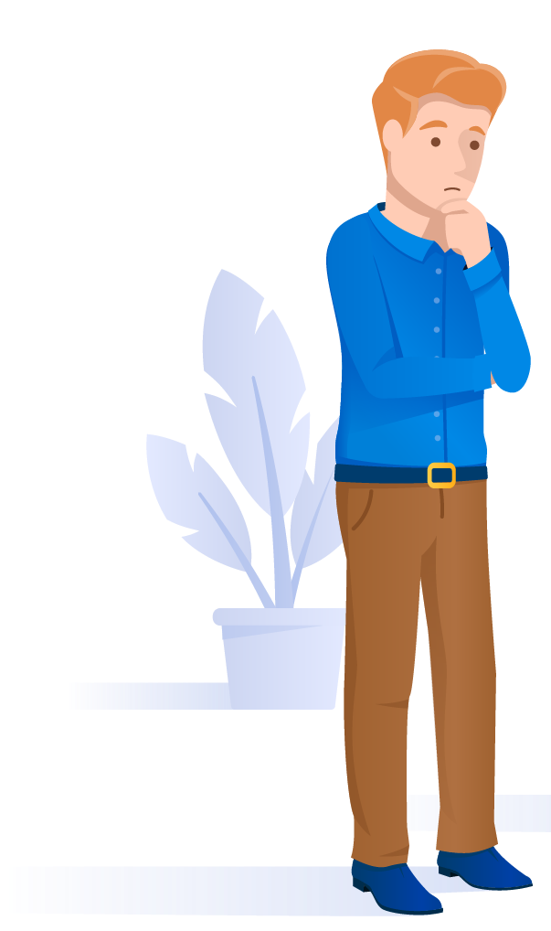 Man with ginger hair, wearing a blue shirt and brown pants, standing with a thoughtful expression near a white potted plant.