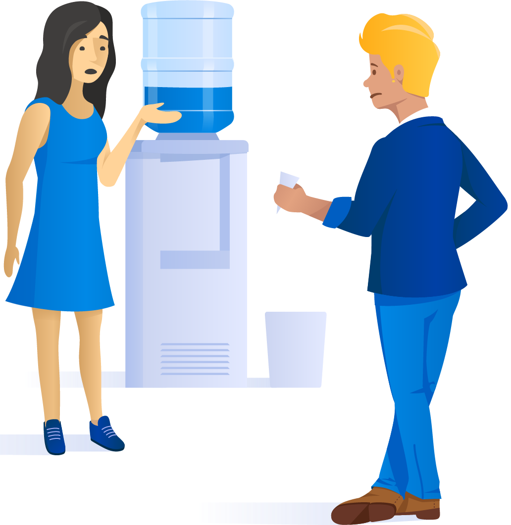 A girl in a blue dress standing near an open refrigerator, talking to a man in a blue suit who is reaching into the fridge, with a water dispenser on top of the fridge in the background.