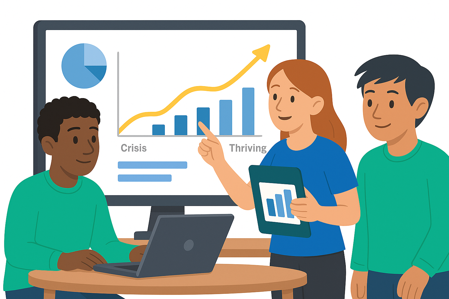 Three people discussing data and charts in a meeting room. One woman is pointing at a graph on a screen that shows growth from crisis to thriving. Another person is sitting with a laptop, and a third person is holding a tablet with a chart on it.