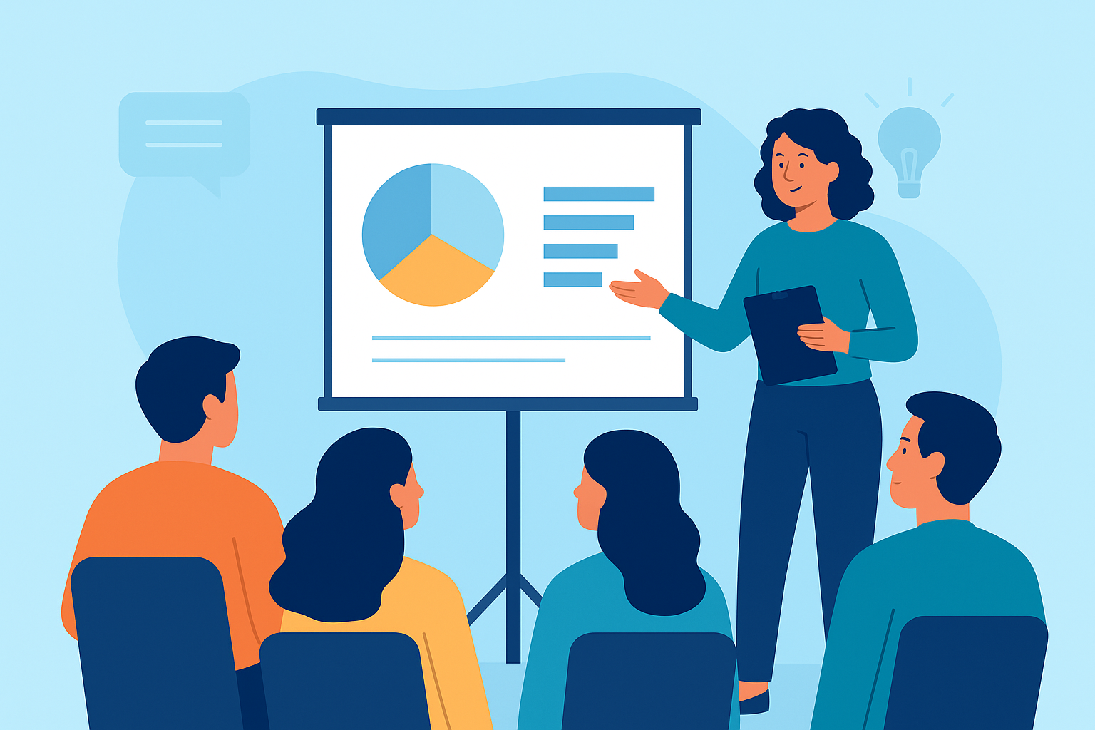 A woman presents a pie chart and data points on a projection screen during a meeting or seminar, with four people seated and listening.
