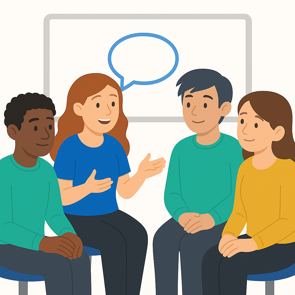 A diverse group of four people sitting in a circle having a discussion, with a woman speaking and a speech bubble above her head, in a classroom or meeting room setting.