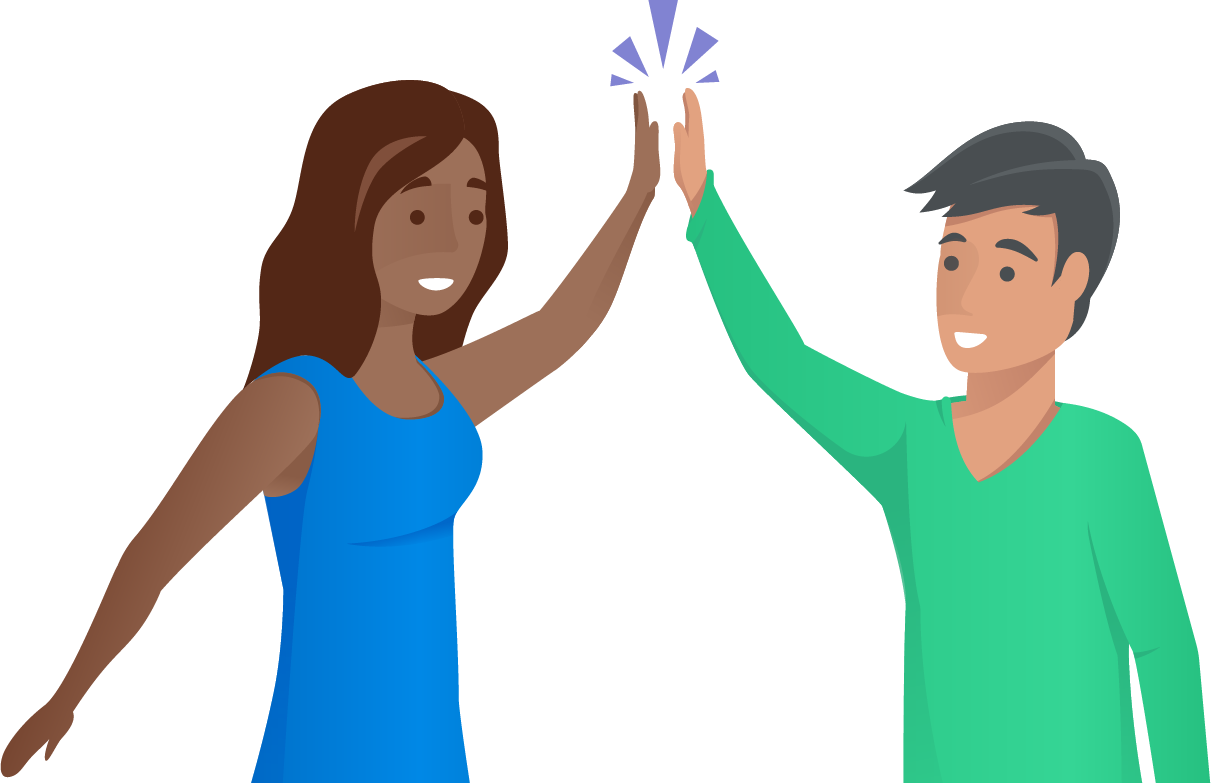 A girl in a blue shirt and a boy in a green shirt smiling and talking to each other