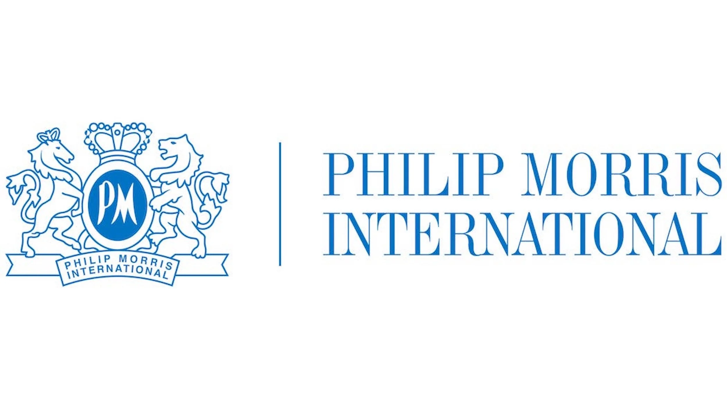 Logo of Philip Morris International featuring a crest with two lions and a crown, with the initials 'PM' in the center, and the text 'Philip Morris International' beside it.