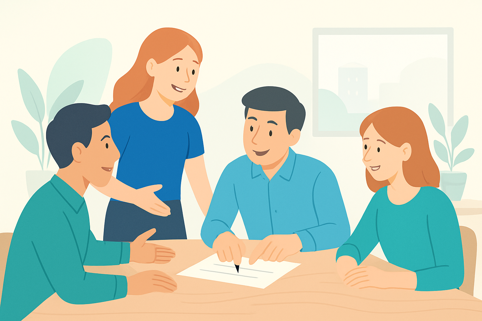 A group of four people having a discussion around a table, with one person signing a document and the others engaging with the signatory, in an office setting with plants and a window.