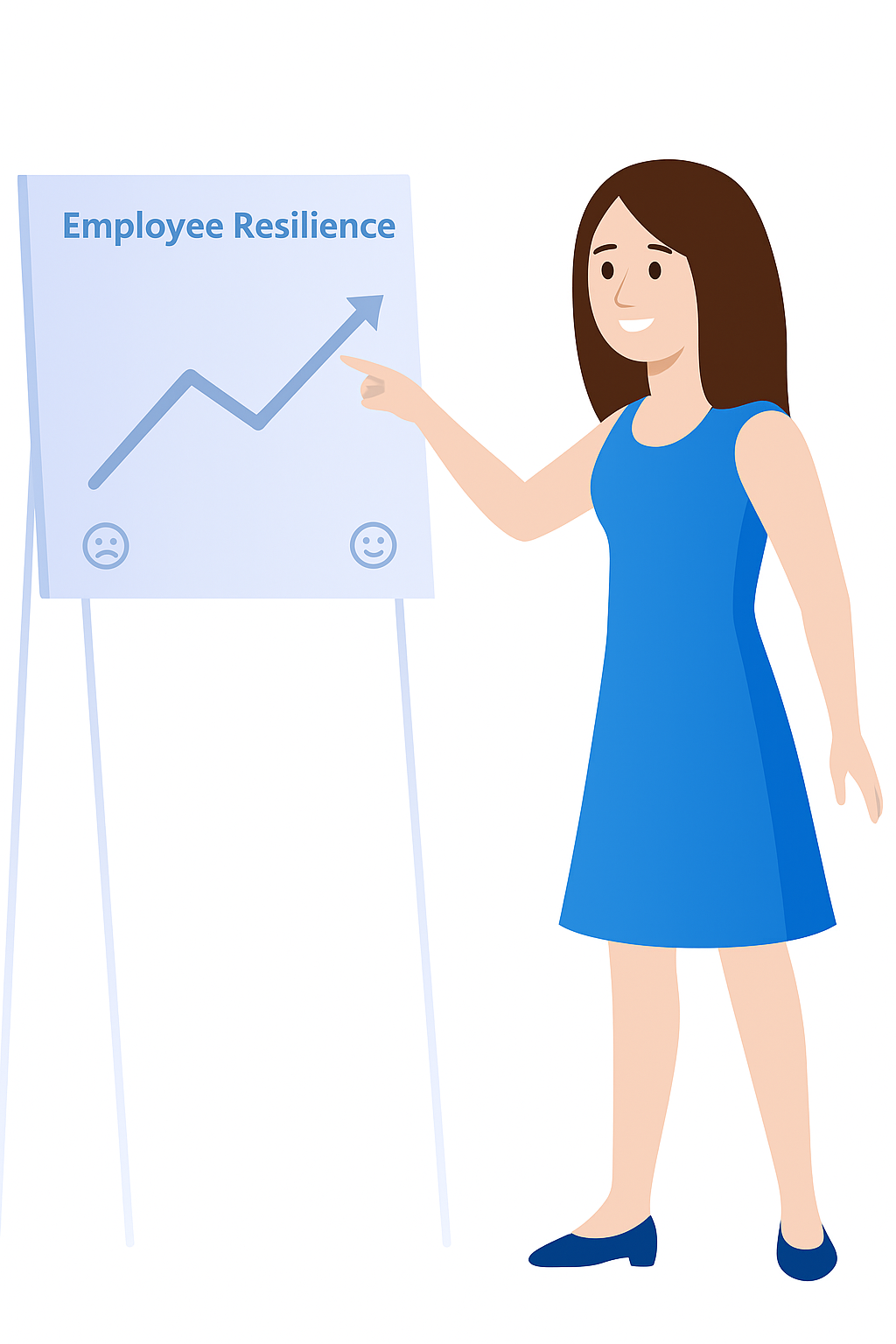 Woman pointing at an upward trending graph on a presentation board labeled 'Employee Resilience' with happy face icon