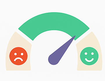 A gauge meter with a needle pointing towards the happy face, indicating a positive or satisfactory rating.