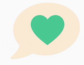 Speech bubble with a green heart inside.