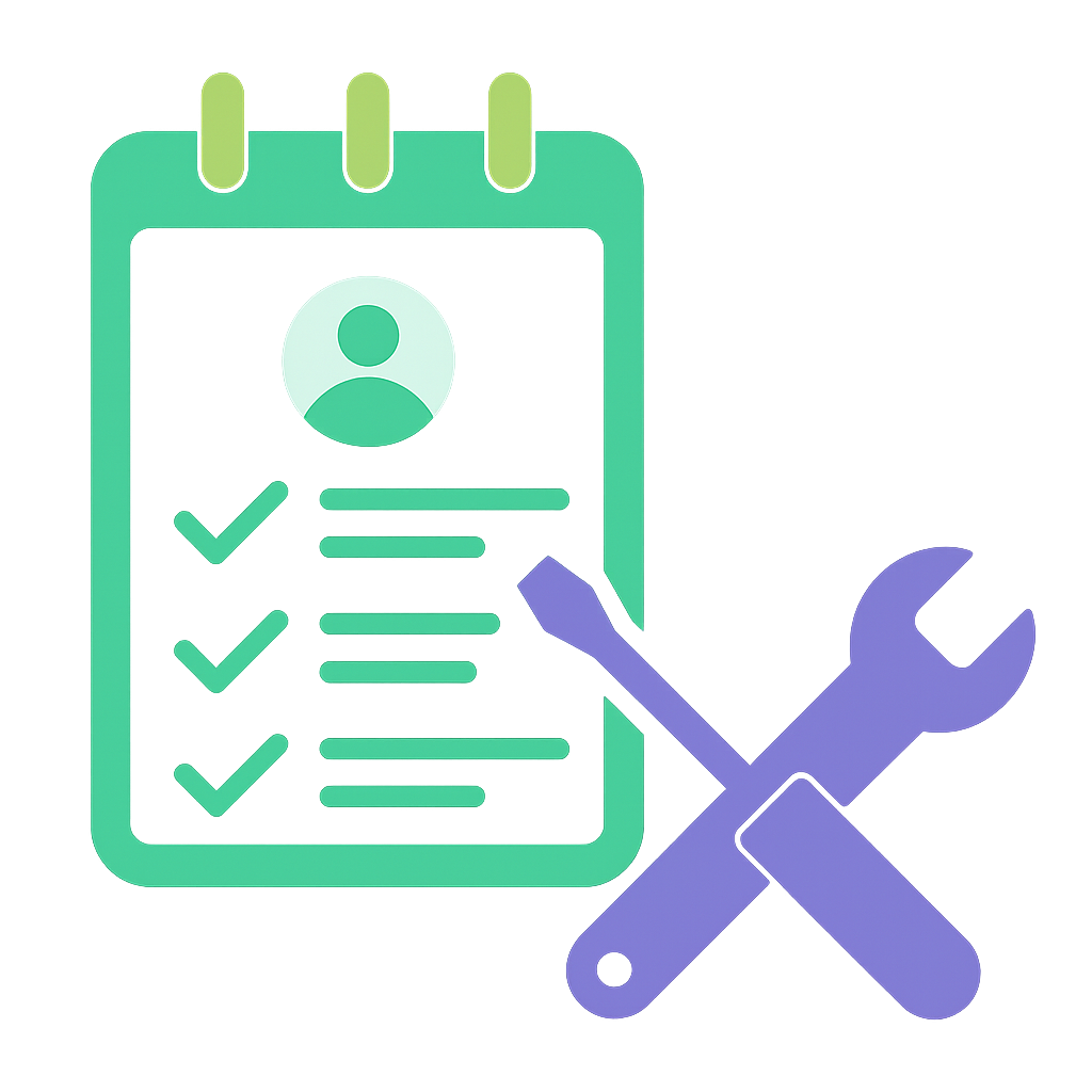 Digital illustration of a user profile on a mobile device, with checkmarks indicating completion or verification, accompanied by a wrench and screwdriver crossed, symbolizing settings or technical support.