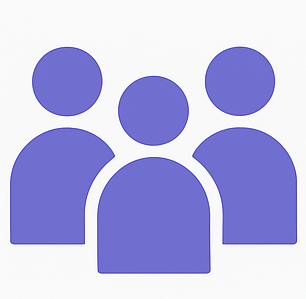 Icon of three stylized human figures in purple, arranged with one in front and two behind.