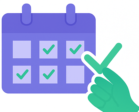 A calendar with checkmarks on some dates and a hand marking a box on it.