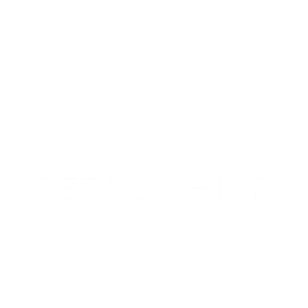 Black background with white logo of two leaves and the text "PETAL + HIVE".