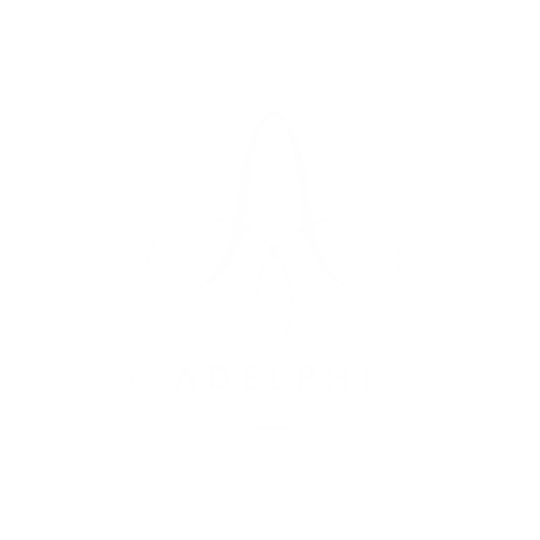 Logo for The Adelphi Hotel featuring a stylized, cursive letter 'A' and the hotel's name in bold uppercase letters on a black background.